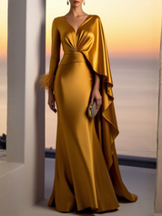 Evening Formal Gold Satin Dress V Neck Long Sleeve Cape Maxi Gown