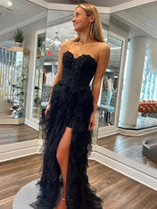 Black A Line Tulle Strapless Tiered Prom Dress with Applique