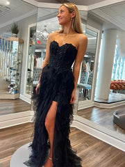 Black A Line Tulle Strapless Tiered Prom Dress with Applique