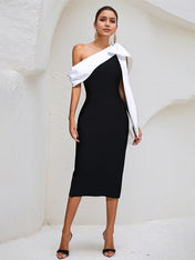 Black Stretch Crepe One Shoulder Sleeveless Tea Length Dress With White Bow
