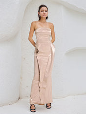 Blush Pink Satin Off the Shoulder Sleeveless Ankle Length Dress With Ruffles