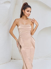 Blush Pink Satin Off the Shoulder Sleeveless Ankle Length Dress With Ruffles