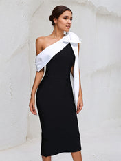 Black Stretch Crepe One Shoulder Sleeveless Tea Length Dress With White Bow