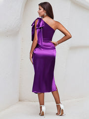 Purple Satin One Shoulder Sleeveless High Slit Dress With Bow