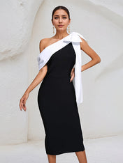 Black Stretch Crepe One Shoulder Sleeveless Tea Length Dress With White Bow