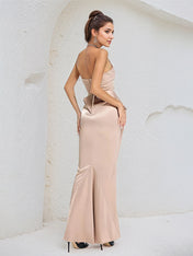 Blush Pink Satin Off the Shoulder Sleeveless Ankle Length Dress With Ruffles