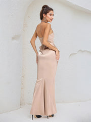 Blush Pink Satin Off the Shoulder Sleeveless Ankle Length Dress With Ruffles