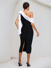 Black Stretch Crepe One Shoulder Sleeveless Tea Length Dress With White Bow