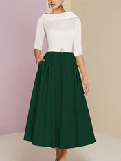 A-Line/Princess Jewel Neck Half Sleeve Tea Length Mother of the Bride Dresses with Pockets Pleats