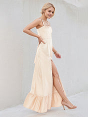 A Line Champagne Satin Square Neck Sleeveless Floor Length Dress With High Slit