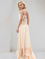 A Line Champagne Satin Square Neck Sleeveless Floor Length Dress With High Slit