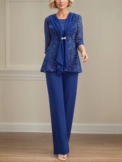 Pantsuits Separates Scoop Floor-Length Lace Chiffon Mother of the Bride Dress