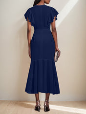 V-Neck Short Sleeves Asymmetrical Length Mermaid Chiffon Dress with Ruffles
