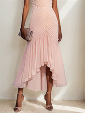 V-Neck Short Sleeves Asymmetrical Length Mermaid Chiffon Dress with Ruffles