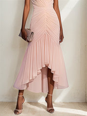 V-Neck Short Sleeves Asymmetrical Length Mermaid Chiffon Dress with Ruffles