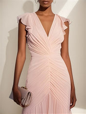 V-Neck Short Sleeves Asymmetrical Length Mermaid Chiffon Dress with Ruffles