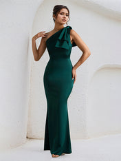 Green Satin One Shoulder Floor Length Formal Party Dress with Bow