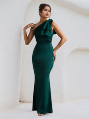 Green Satin One Shoulder Floor Length Formal Party Dress with Bow