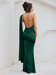 Green Satin Halter Neck Sleeveless Open Back Floor Length Dress