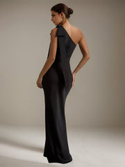Black Satin One Shoulder Floor Length Formal Party Dress with Bow