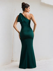 Green Satin One Shoulder Floor Length Formal Party Dress with Bow