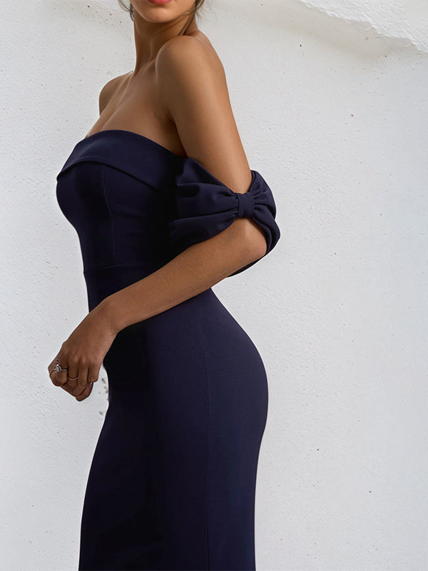 Navy Chiffon Strapless Floor Lenght Sheath Dress with Bow Sleeves