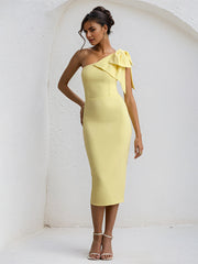 Yellow Chiffon One Shoulder Tea Length  Dress with Bow