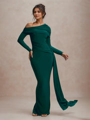 Green Formal Party One Shoulder Long Sleeves Floor Length Pleated Dress