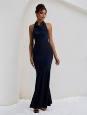 Navy Satin Halter Neck Open Back Floor Length Formal Party Dress with Bow