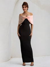 Pink&Black Chiffon Off the Shoulder Ankle Length Formal Party Dress with Oversized Bow
