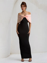 Pink&Black Chiffon Off the Shoulder Ankle Length Formal Party Dress with Oversized Bow
