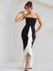 Black Stretch Crepe Off the Shoulder Asymmetrical Length Dress with Ruffled Slit