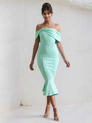 Mint Chiffon Off the Shoulder Tea Length Ruffles Dress