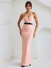 Pink Satin Sweetheart Neckline Sleeveless Floor Lenght Dress with Black Bow