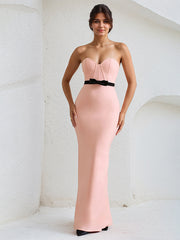 Pink Satin Sweetheart Neckline Sleeveless Floor Lenght Dress with Black Bow
