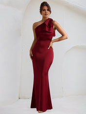 Wine Red Stretch Crepe One Shoulder Sleeveless Floor Length Dress with Bow