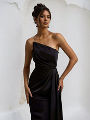 Black Stretch Crepe Off the Shoulder Sleeveless Asymmetrical Length Dress with Slit