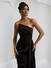 Black Stretch Crepe Off the Shoulder Sleeveless Asymmetrical Length Dress with Slit
