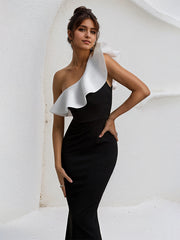 Black&White One Shoulder Floor Length Ruffled Formal Party Dress