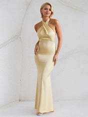 Champagne Satin Cross Over Halter Neck Open Back Floor Length Formal Party Dress