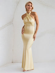Champagne Satin Cross Over Halter Neck Open Back Floor Length Formal Party Dress
