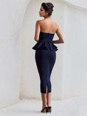 Navy Chiffon Strapless Sleeveless Tea Length Dress with Peplum Detail