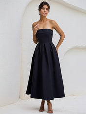 A Line Black Strapless Sleeveless Ruffles Chiffon Dress