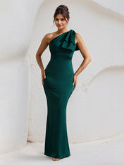 Green Satin One Shoulder Floor Length Formal Party Dress with Bow
