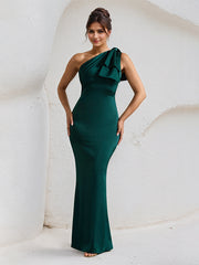 Green Satin One Shoulder Floor Length Formal Party Dress with Bow
