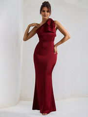 Wine Red Stretch Crepe One Shoulder Sleeveless Floor Length Dress with Bow