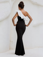 Black&White One Shoulder Floor Length Ruffled Formal Party Dress