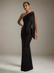 Black Satin One Shoulder Floor Length Formal Party Dress with Bow
