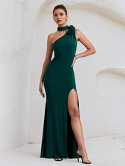 Green Stretch Crepe One Shoulder  Asymmetrical Length High Slit Dress with Flowers