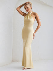 Champagne Satin Cross Over Halter Neck Open Back Floor Length Formal Party Dress